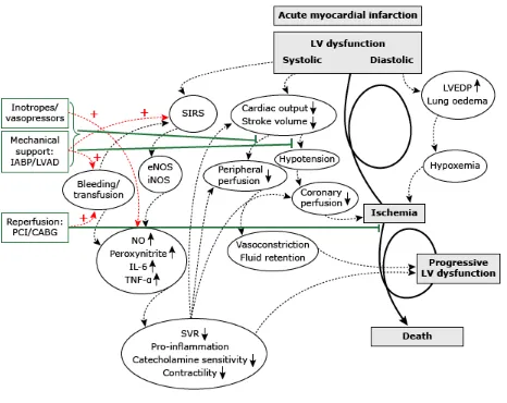 Gambar 1. Patofisiologi Syok Kardiogenik. Gambaran Spiral syok, dimulai dari disfungsi ventrikel kiri dan 