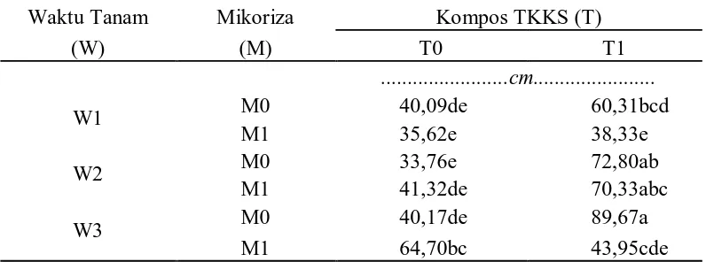 Tabel 3. Tinggi kedelai 6 MST dengan interaksi perlakuan waktu tanam, kompos TKKS dan mikoriza 
