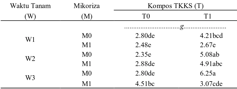 Tabel 12. Bobot basah akar kedelai 6 MST dengan interaksi perlakuan waktu tanam, kompos TKKS dan mikoriza (g) 