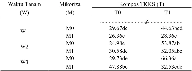 Tabel 15. Bobot basah tajuk kedelai 6 MST dengan interaksi perlakuan waktu tanam, kompos TKKS dan mikoriza 