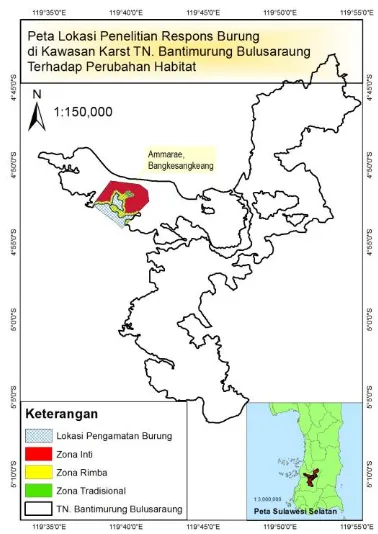 Gambar 1. Lokasi penelitian di areal karst Maros-Pangkep TN Babul yang terletak di dusun Bangkesangkeang