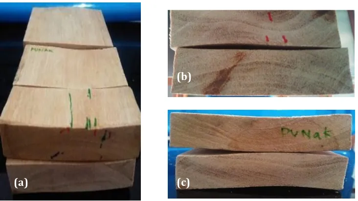 Figure 1. Gambar 1. Initial end/surface check/split (a), honeycombing (b) and deformation (c) observed in punak  Pecah/retak ujung/permukaan (a), pecah dalam (b) dan deformasi (c) pada kayu punak 