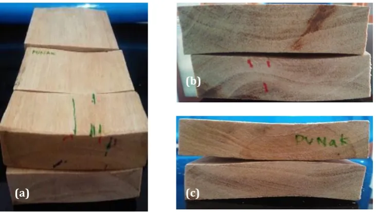 Figure 1. Gambar 1. Initial end/surface check/split (a), honeycombing (b) and deformation (c) observed in punak  Pecah/retak ujung/permukaan (a), pecah dalam (b) dan deformasi (c) pada kayu punak 