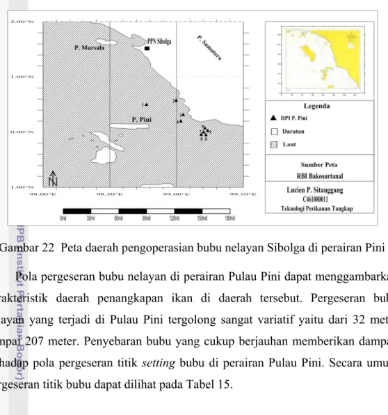 Gambar 22  Peta daerah pengoperasian bubu nelayan Sibolga di perairan Pini  Pola pergeseran bubu nelayan di perairan Pulau Pini dapat menggambarkan  karakteristik daerah penangkapan ikan di daerah tersebut