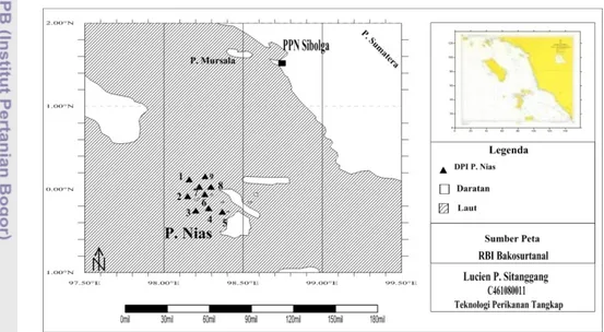 Gambar 23  Peta daerah pengoperasian bubu nelayan Sibolga di perairan Nias  Pergerakan arus pada perairan Pulau Nias relatif lebih besar jika  dibandingkan dengan Pulau Mursala dan Pini