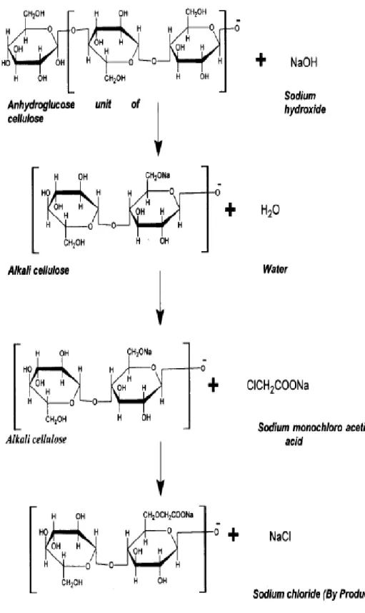 Gambar 2.2 Reaksi Sintesis Karboksimetil Selulosa (Eliza, dkk., 2015) 