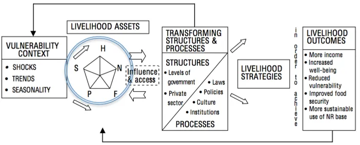 Figure 1. Sustainable Livelihood Framework (Adapted from DFID, 1999) Gambar 1. Kerangka kerja sumber penghidupan berkelanjutan (Diadaptasi dari DFID, 1999)