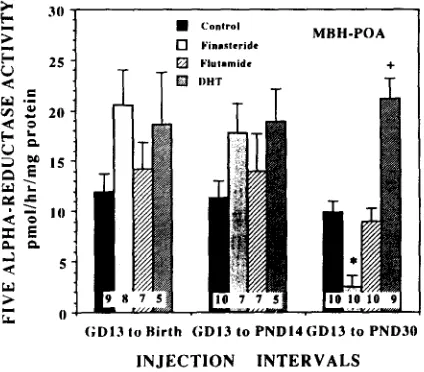Fig 2 B. Effect of fmasteride, flutamide or DHT on brain 5a-reductase activity. Each bar represents nificant increase in Sa-reductase activity levels compared to control values (@ GD 13 to PND 30 the mean value + S.E