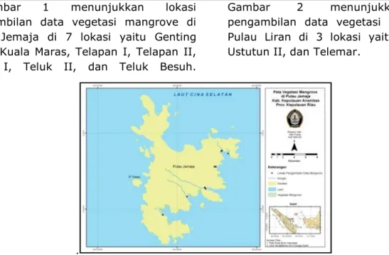 Gambar  2  menunjukkan  lokasi  pengambilan  data  vegetasi  mangrove  di  Pulau  Liran  di  3  lokasi  yaitu  Ustutun  I,  Ustutun II, dan Telemar