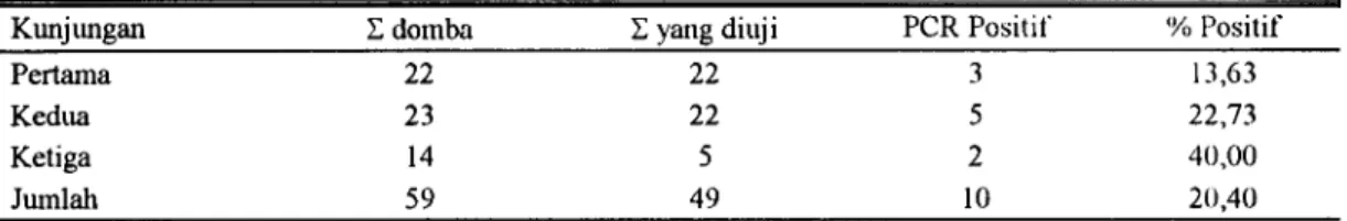 Tabel 2. Hasil uji PCR terhadap PBL domba dari tiap kunjungan Kunjungan