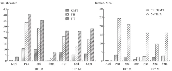 Gambar 2. Pengaruh poliamin terhadap efisiensi pembentukan tanaman hijau pada kultur antera padi Taipei 309; KMT = kalus
