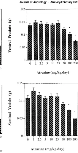 Figure 2. Ventral prostate (above) and seminal vesicle (below) weightsin rats administered atrazine (1–200 mg/kg per day) by gavage