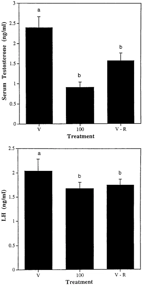 Figure 5. Above: Daily body weights of vehicle-treated rats fed ad libi-tum, rats administered atrazine at 100 kg/mg per day, and vehicle-treatedrats restricted to the average daily intake of food consumed by the at-razine-treated group
