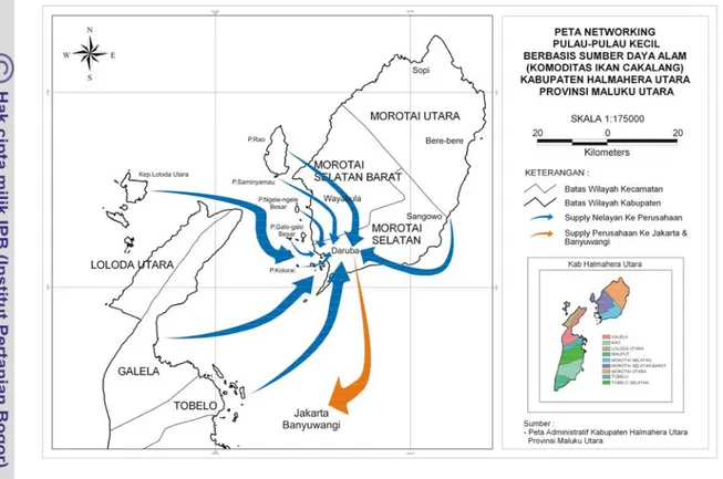 Gambar 7. Peta Networking Pulau-Pulau Kecil di Kepulauan Morotai Berbasis Sumber  Daya Alam Komoditas Ikan Cakalang
