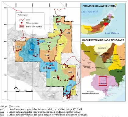 Gambar 1. Lokasi penelitian pada areal eks tambang emas PT. Newmont Minahasa Raya, Kabupaten Minahasa Tenggara, Provinsi Sulawesi Utara Figure 1