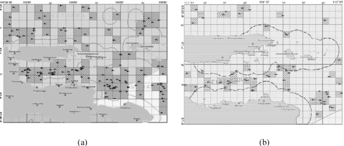 Gambar 3-9. Informasi spasial ZPPI di Selat Madura Bulan Agustus pada saat normal (a) dan pada 