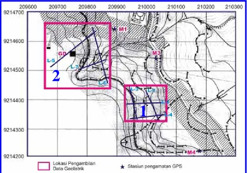 Gambar III.12. Lokasi stasiun pengamatan GPS (Peta kontur dibuat Pusan  Vulkanologi dan Mitigasi Bencana Geologi, 2005) 