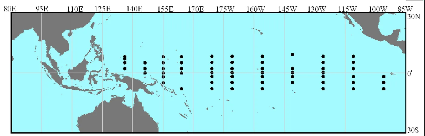 Gambar 11. Identifikasi Lokasi Buoy (60 Lokasi Buoy)   terhadap Indeks Nino 3.4 di berbagai  kedalaman (0 s.d &gt; 500 m) serta memiliki konsistensi lag sampai 5 bulan 