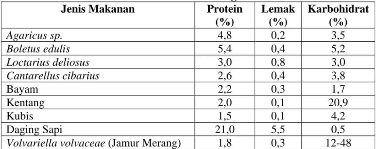 Tabel 1. Nilai Gizi Beberapa Jenis Jamur Yang Edibel dibanding dengan  Bahan Makanan Lain dalam Berat Segar 