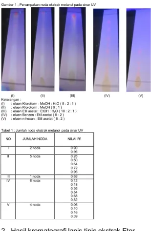 Tabel 1 ; Jumlah noda ekstrak metanol pada sinar UV 