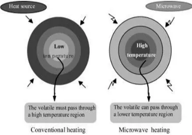 Gambar  1  : Perbandingan pemanasan konvensional dengan pemanasan microwave 