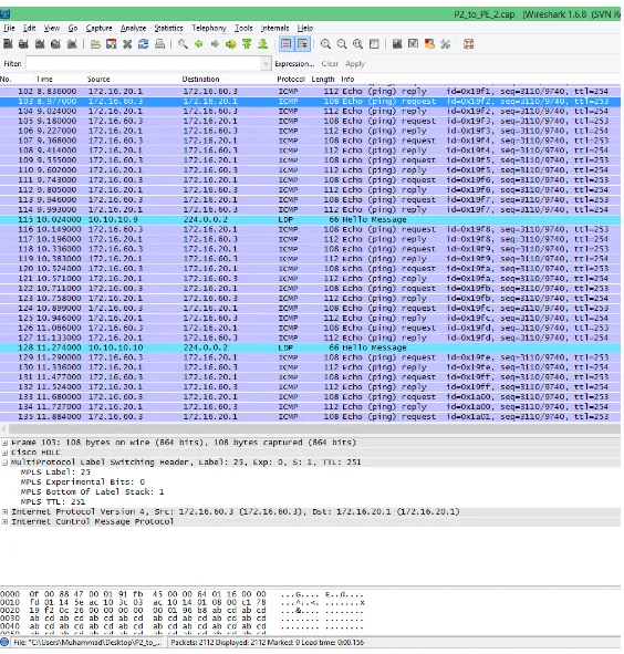 Gambar 4.14 Tes Wireshark pada router PE2 s1/1 