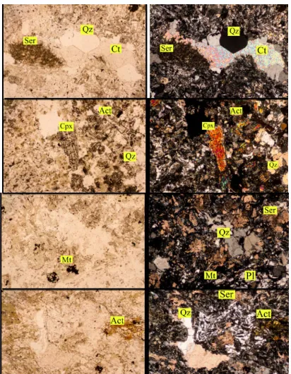 Gambar 8. (a-b) Sampel Br01, PPL dan XPL menunjukkan adanya mineral serisit dengan fenokris kuarsa dengan bentuk kristal subhedral dan mineral kalsit, dijumpai mineral opak yaitu magnetit, masadasar berupa plagioklas dan kuarsa yang terubah sebagian menjad