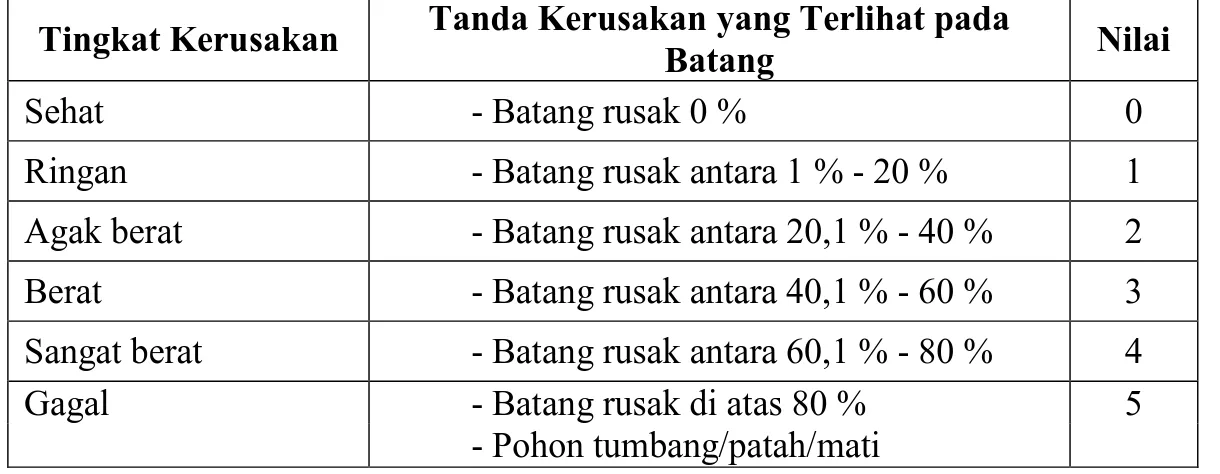 Tabel 1.  Klasifikasi tingkat kerusakan batang yang disebabkan oleh hama  