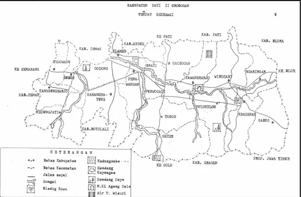 Gambar 1.1 : Peta Lokasi Wisata Kabupaten Grobogan  Sumber : Data dari Dinas Pariwisata Kabupaten Grobogan, 2002