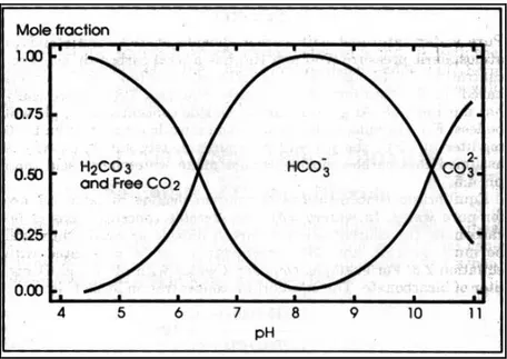 Gambar  2.4  menunjukan  hubungan  antara  karbon  dioksida  dan  tiga  bentuk  alkalinitas lainnya  di air dengan alkalinitas total sebesar 1 mol dalam rentang pH 4 –  11