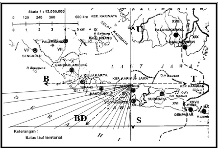 Gambar 4.3 Penentuan fetch barat daya dari titik observasi gelombang 