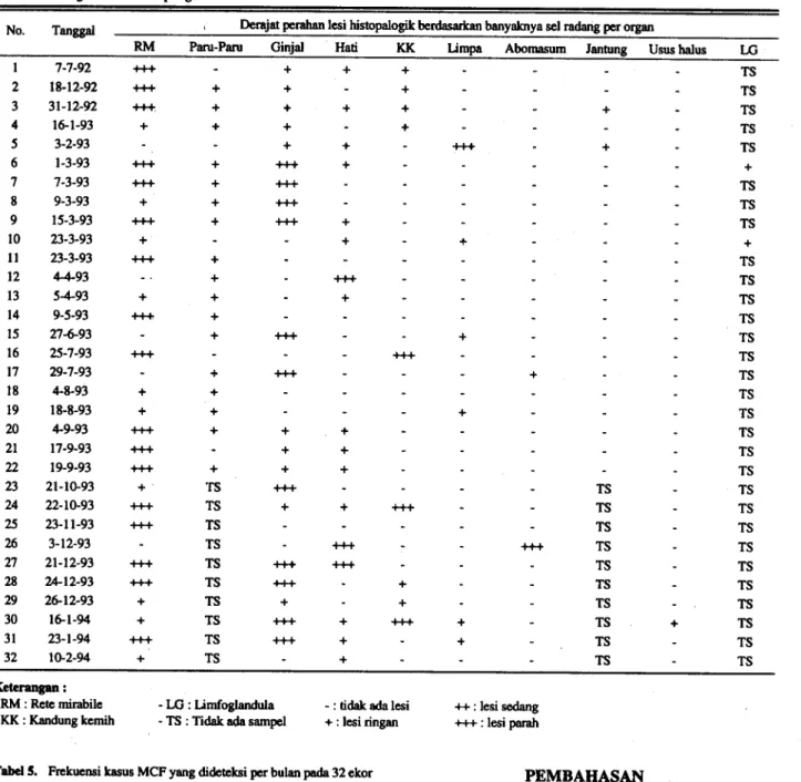 Tabel S. Frekuensi kasus MCF yang dideteksi per bulan pada 32 ekor kerbau yang te=rm% MCF dari bulao luni 1992 bu%ga Pebruari 1994
