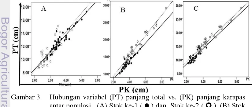 Gambar 3.  Hubungan variabel (PT) panjang total vs. (PK) panjang karapas 