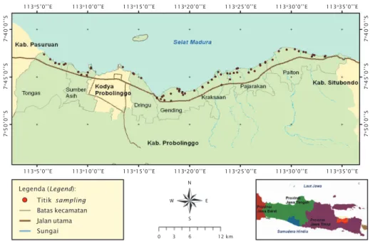 Gambar 1. Peta sebaran titik pengukuran dan pengambilan contoh untuk kesesuaian lahan budidaya tambak udang di Kabupaten Probolinggo, Jawa Timur Figure 1