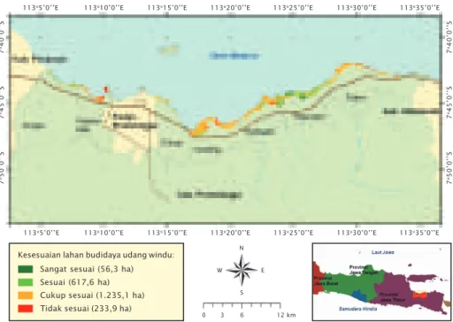 Gambar 2. Peta kesesuaian lahan tambak budidaya udang di Kabupaten Probolinggo, Jawa Timur