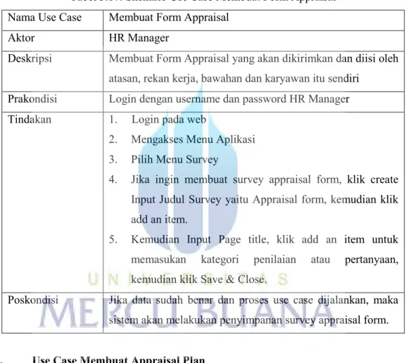 Tabel 3.17. Skenario Use Case Membuat Form Appraisal  Nama Use Case  Membuat Form Appraisal 