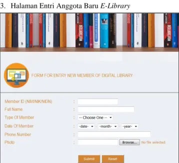 Gambar 6. Halaman Entri Anggota Baru E-Library  Halaman  entri  anggota  perpustakaan  digital  (e-library)  yang  ditampilkan  pada  gambar  6  diatas  merupakan  halaman  yang  dapat  digunakan  oleh  admin  untuk  menambahkan  anggota  baru  e-library  