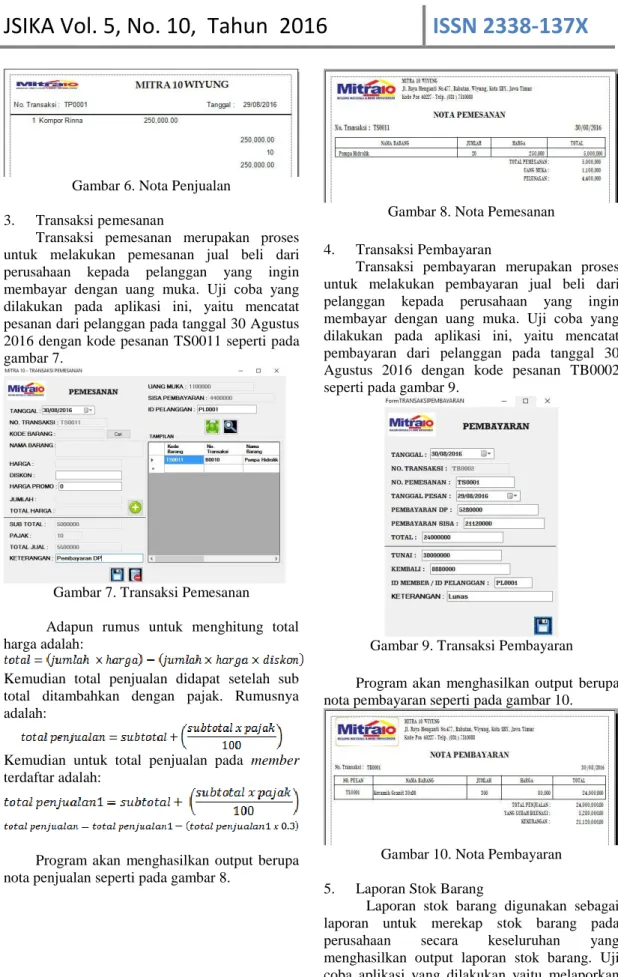 Gambar 6. Nota Penjualan  3.  Transaksi pemesanan 