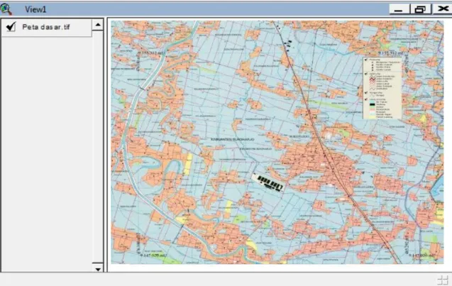 Gambar 10. Tampilan View yang sudah disisipkan theme peta dasar  5.  MENGENAL EKSTENSI PENDUKUNG ARCVIEW DAN TIPE DATA SPASIAL 