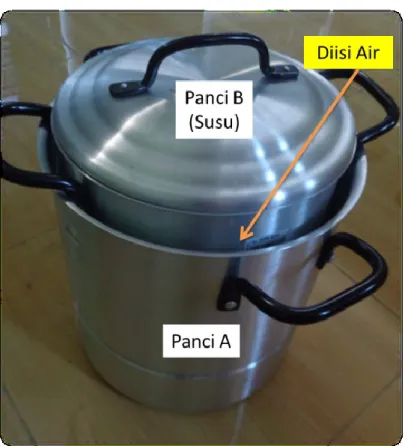 Gambar 6. Alat untuk memanaskan susu dengan menggunakan dua  buah panci dengan satu panci berukuran sedikit lebih besar sehingga 