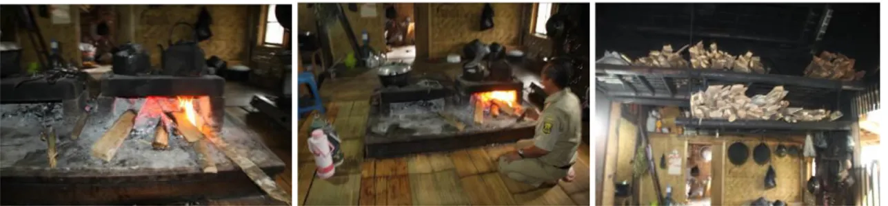 Foto tungku kayu bakar di dalam rumah dan persediaan kayu serta kompor gas. 