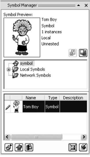 Gambar 8-5: Docker Symbol Manager telah terisi sebuah symbol baru  Selain dengan cara tersebut, Anda juga dapat mengonversi objek  menjadi symbol dengan cara menyeretkan objek ke dalam docker  Symbol Manager