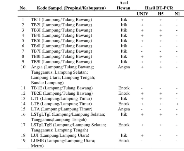 Tabel  5  Hasil  pemeriksaan material genetik  dengan RT-PCR pada  pool           sampel unggas air serologis positif 