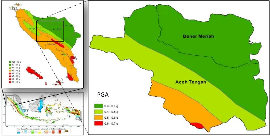 Figure 1. Peak Ground Acceleration in bedrock for Aceh Tengah and Bener Meriah Seismic Hazard Map with Spectral period = 1 second for 2% probability of exceedance (PE) in 50 years in bedrock (Tim Revisi Peta Gempa Indonesia, 2010)