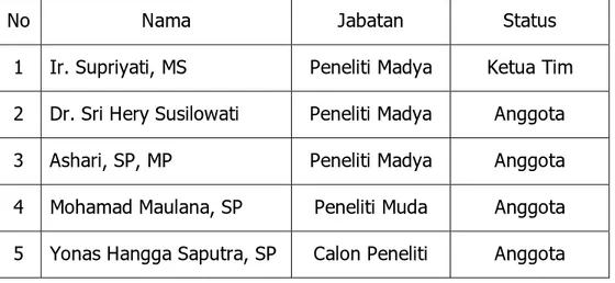 Tabel 5.1. Susunan Tim Penelitian Berdasarkan Jabatan dan Status dalam Tim 