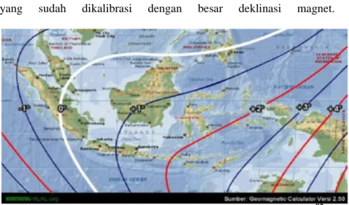 Gambar 4. Peta Deklinasi/Variasi Magnetik Indonesia 92 Dalam  proses  pengukuran  arah  kiblat  ada  beberapa  kompas  yang 