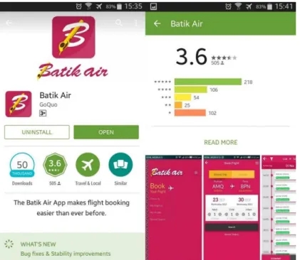 Gambar I.3 Tampilan Aplikasi Mobile Batik Air Serta Jumlah Pengunduh dan Rating pada  Play Store 