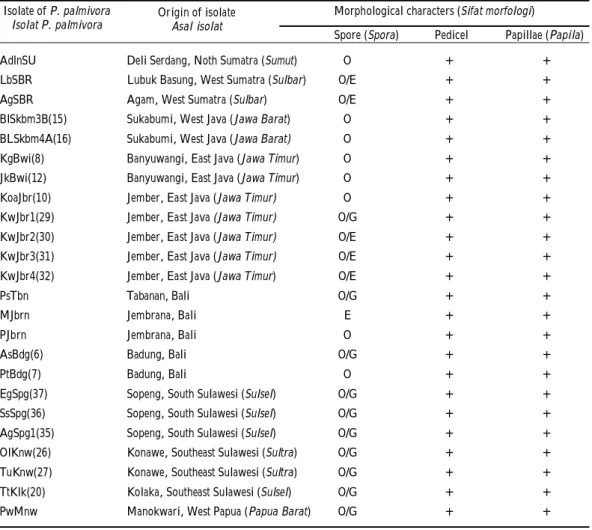 Table 2. Morphological characteristics of indigenous isolates of Phytophthora palmivora based on the spores shape and the presence of pedicels and papillae