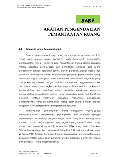 BAB 7 ARAHAN PENGENDALIAN PEMANFAATAN RUANG. 7.1 Ketentuan Umum ...