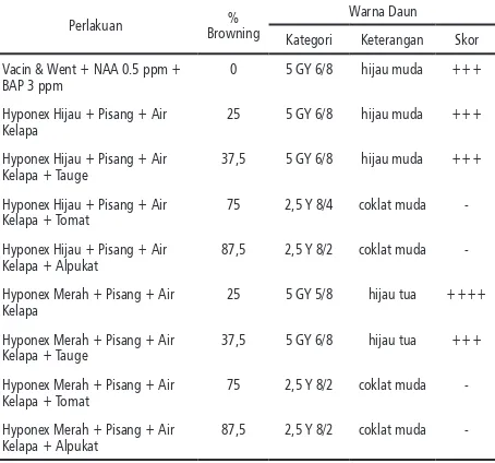 Tabel 2. Persentase Browning dan Warna Daun Anggrek Cattleya pastoral Innocence Umur 10 Minggu